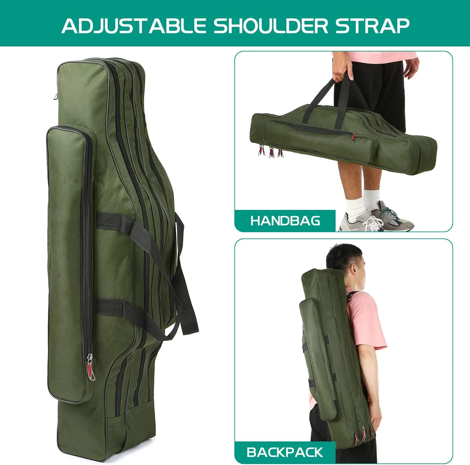 Doorslay Fishing Rod Case - Three Layer Oxford Portable Folding Pole Bag, Waterproof Tackle Storage, Travel Bags for Camping, Hiking
