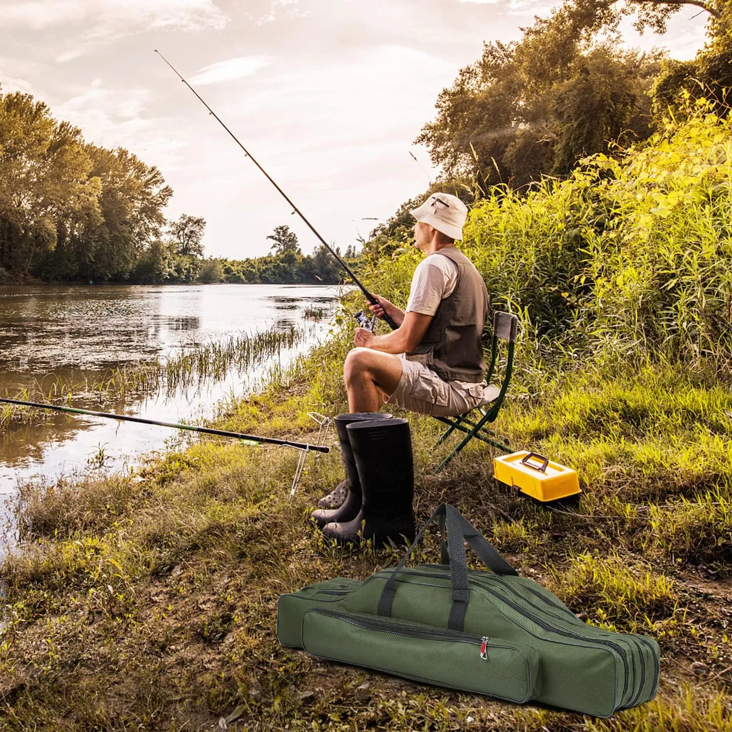 Doorslay Fishing Rod Case - Three Layer Oxford Portable Folding Pole Bag, Waterproof Tackle Storage, Travel Bags for Camping, Hiking