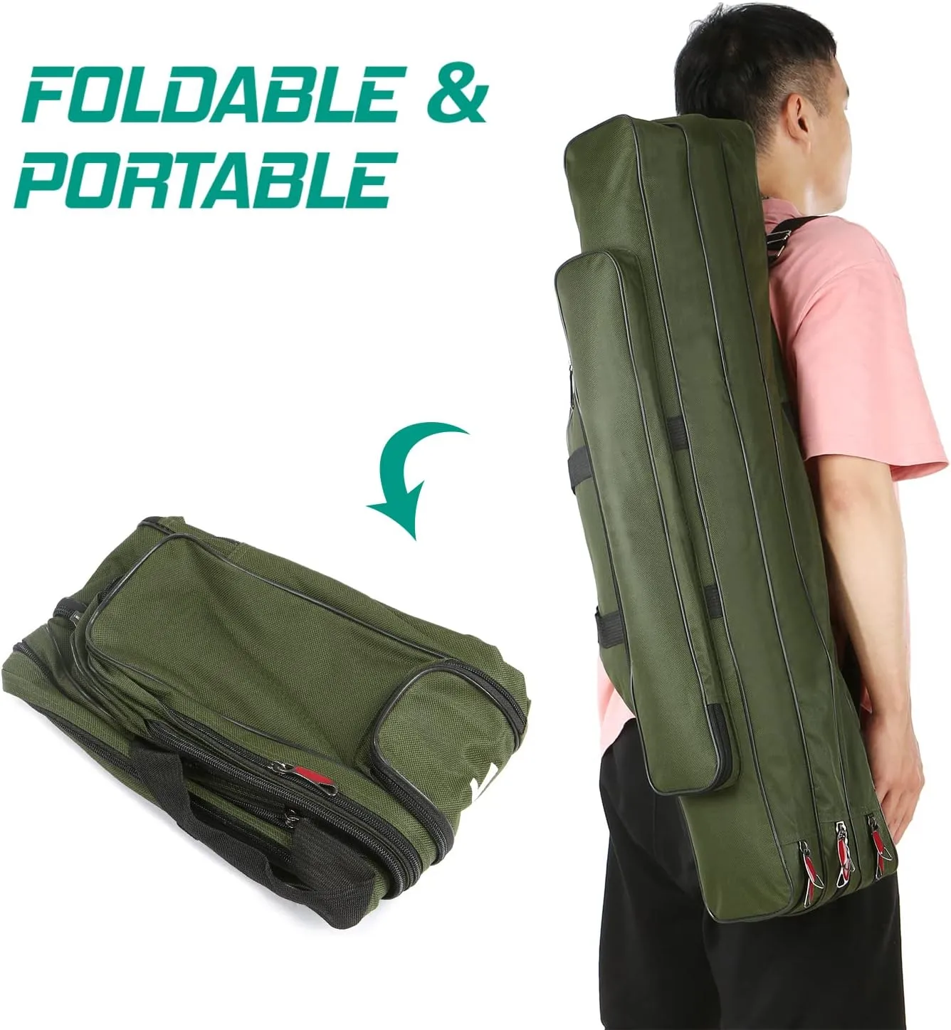 Doorslay Fishing Rod Case - Three Layer Oxford Portable Folding Pole Bag, Waterproof Tackle Storage, Travel Bags for Camping, Hiking
