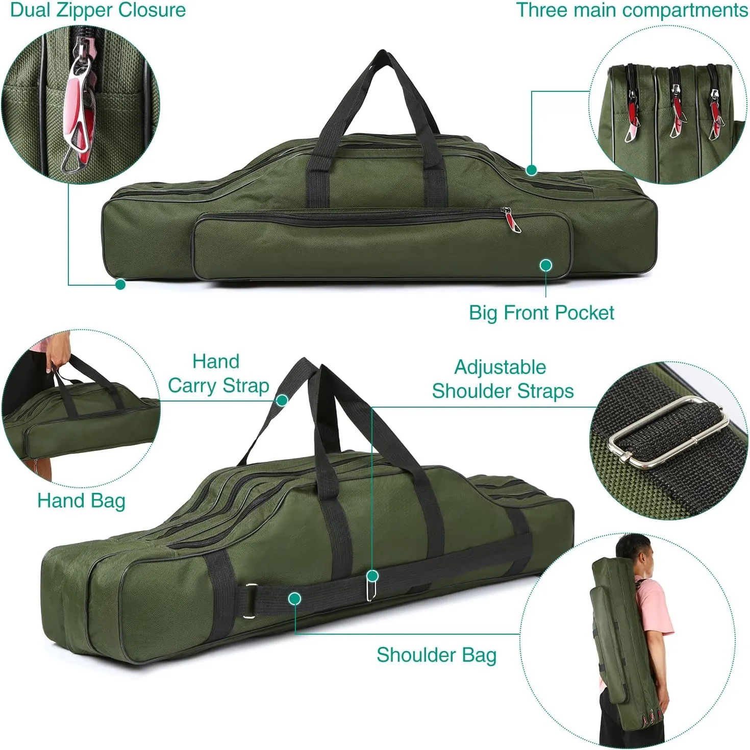 Doorslay Fishing Rod Case - Three Layer Oxford Portable Folding Pole Bag, Waterproof Tackle Storage, Travel Bags for Camping, Hiking