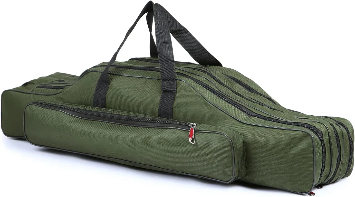 Doorslay Fishing Rod Case - Three Layer Oxford Portable Folding Pole Bag, Waterproof Tackle Storage, Travel Bags for Camping, Hiking