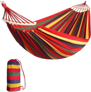 Double 2 Person Cotton Fabric Canvas Travel Hammocks 450 Lbs Ultralight Camping Hammock Portable Beach Swing Bed with Hardwood Spreader Bar Tree Hanging, 280 x 100 cm, Red