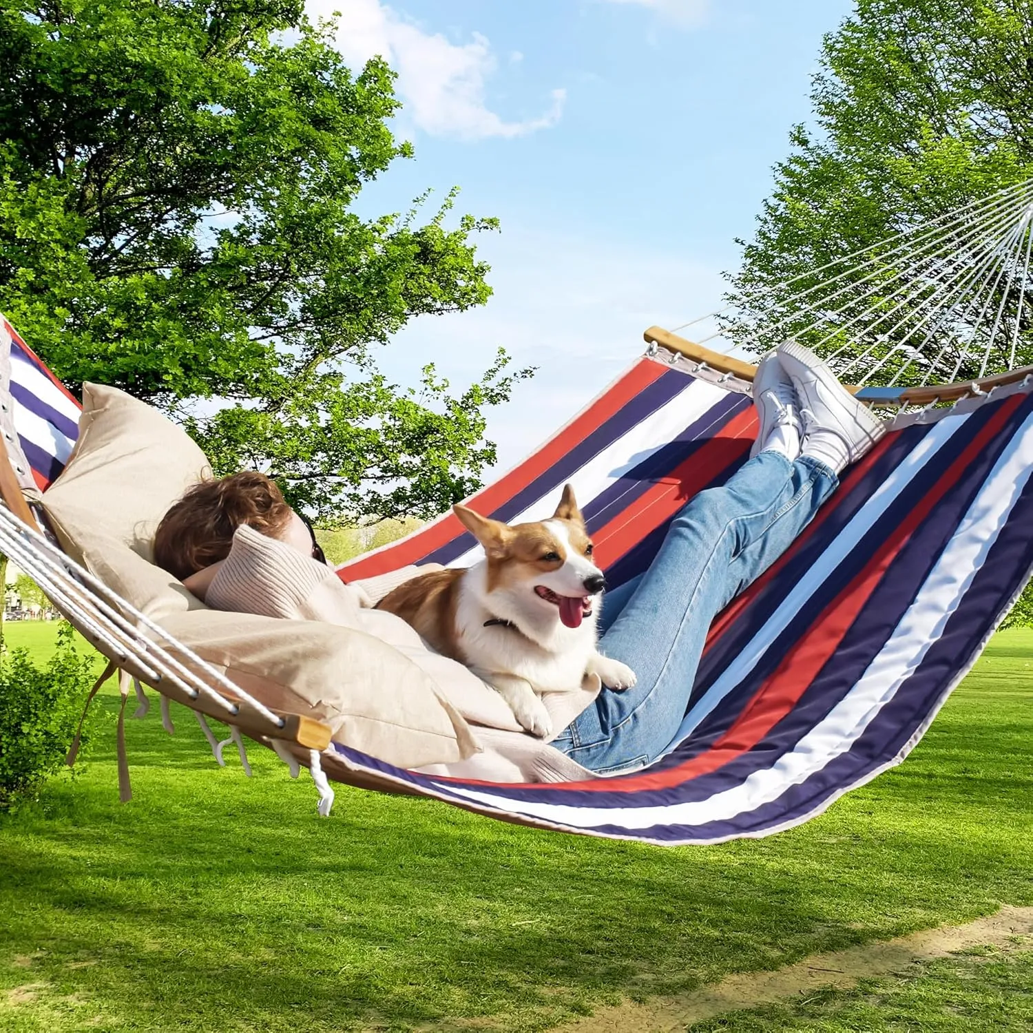 Double Hammock, 11 FT Quilted Fabric 2 Person Hammock for Outside with Pillow, Folding Curved Spreader Bar, Chains, Carrying Bag, Indoor Outdoor, 450 IB Capacity, Trinidad Red