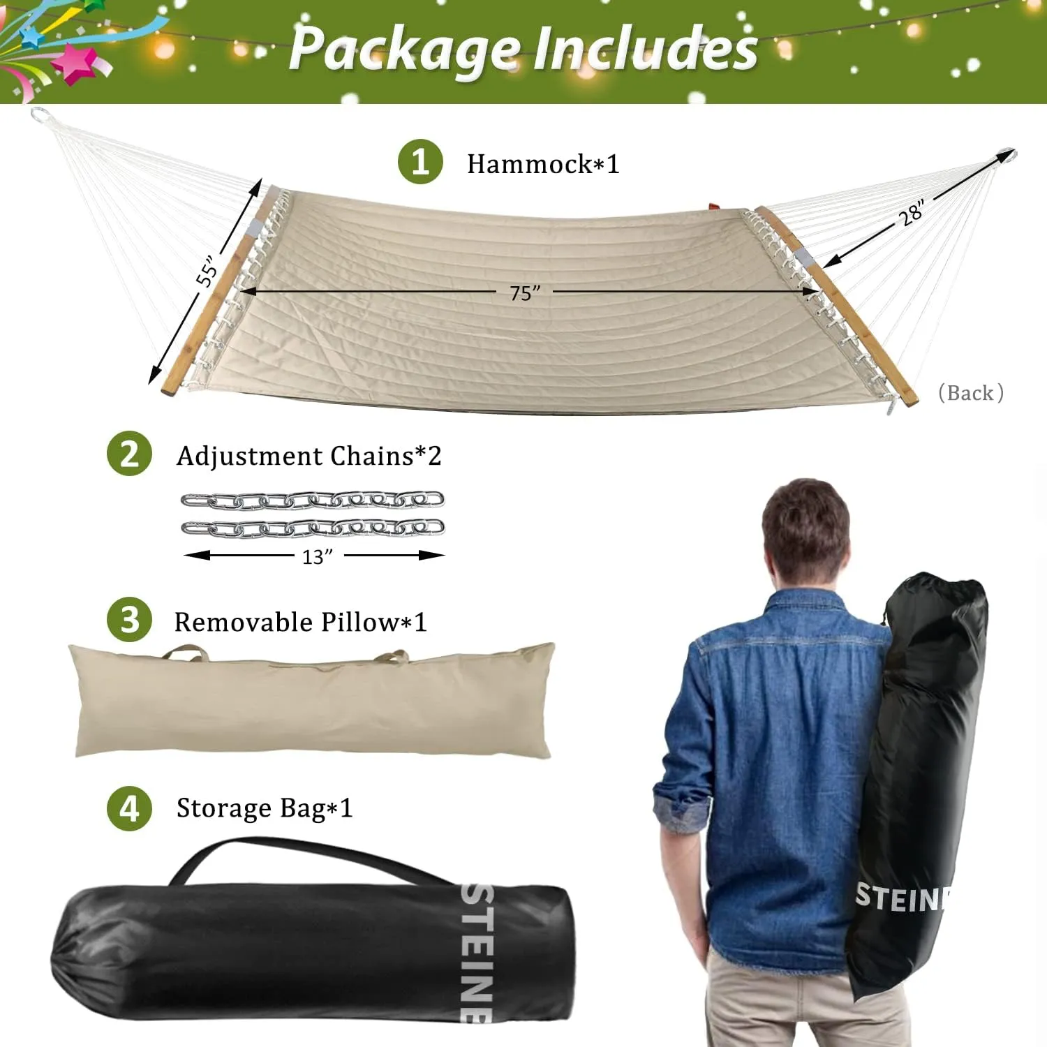 Double Hammock, 11 FT Quilted Fabric 2 Person Hammock for Outside with Pillow, Folding Curved Spreader Bar, Chains, Carrying Bag, Indoor Outdoor, 450 IB Capacity, Trinidad Red