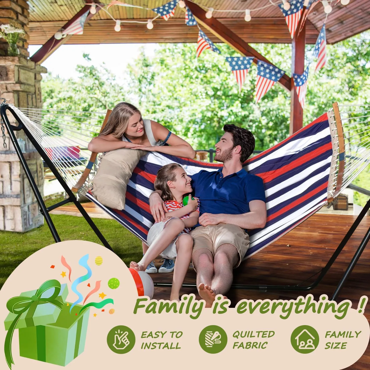 Double Hammock, 11 FT Quilted Fabric 2 Person Hammock for Outside with Pillow, Folding Curved Spreader Bar, Chains, Carrying Bag, Indoor Outdoor, 450 IB Capacity, Trinidad Red