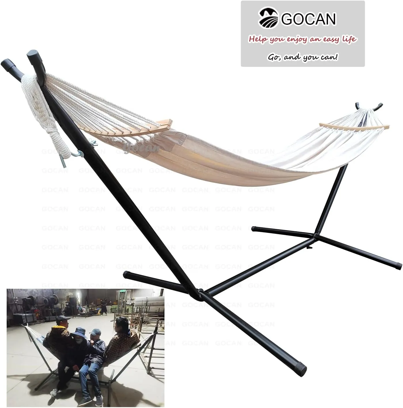 Double Hammock 2 Person Large 220x150cm with Steel Stand and Removable Spreader bar Load 500lb, Canvas Cotton Hammocks for Patio Porch Garden Backyard Outdoor and Indoor