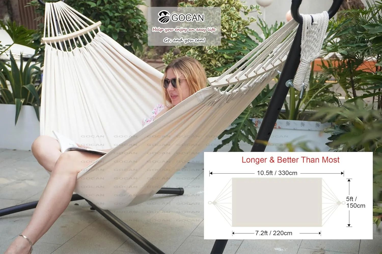 Double Hammock 2 Person Large 220x150cm with Steel Stand and Removable Spreader bar Load 500lb, Canvas Cotton Hammocks for Patio Porch Garden Backyard Outdoor and Indoor
