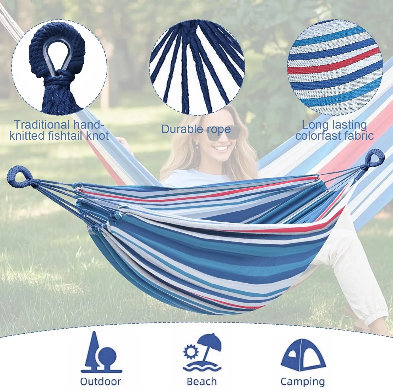Double Hammock Comfortable with Stand for Hanging Sturdy 440lbs Capacity Hammock for Camping Outside Garden Outdoor Indoor Patio Backyard, Blue