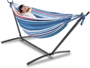 Double Hammock Comfortable with Stand for Hanging Sturdy 440lbs Capacity Hammock for Camping Outside Garden Outdoor Indoor Patio Backyard, Blue