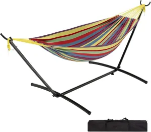 Double Hammock with Space Saving Steel Stand Included-2 Person Camping Hammock with Carry Bag, Outdoor Portable Hammocks, 450lb Capacity Standing Hammocks for Garden Yard(Yellow Rainbow)