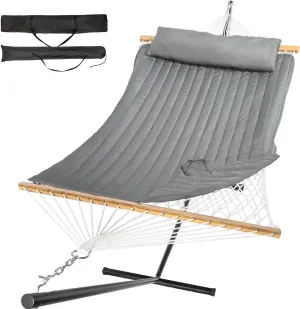 Double Hammock with Stand, 2 Person Cotton Rope Hammock with Removable Polyester Pad, 500LBS Capacity, Portable & Adjustable Design, Includes Storage Bag, Indoor Outdoor Use,Dark-Gray