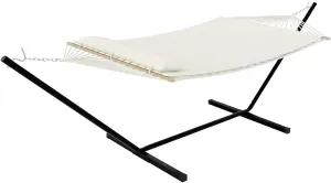 Double Hammock with Stand for 2 Persons Outdoor,Heavy Duty 450lb Capacity,with Portable Steel Frame,Cotton Rope,Polyester Pad and Carry Bag,Perfect for Garden Camping Beach Backyard Patio