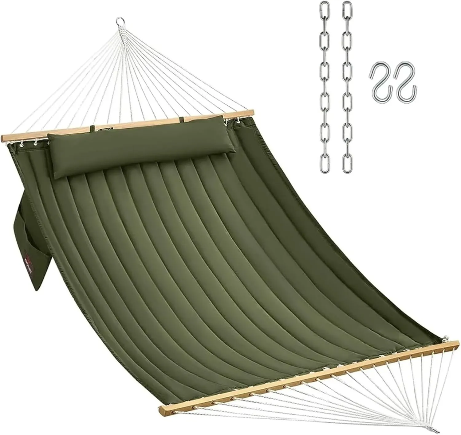 Double Quilted Fabric Hammock with Hardwood Spreader Bars and Pillow Hammocks for Outside Camping Hammocks for Adults for Terrace, Outdoor