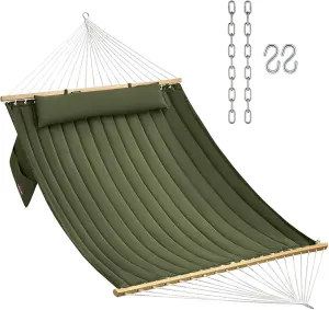 Double Quilted Fabric Hammock with Hardwood Spreader Bars and Pillow Hammocks for Outside Camping Hammocks for Adults for Terrace, Outdoor