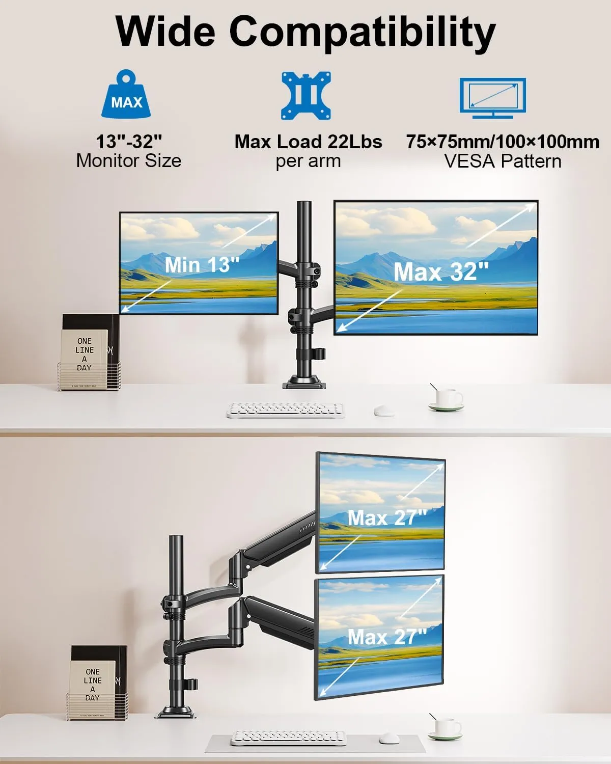 Dual Monitor Stand for Computer Screen up to 32", Taller Monitor Arms Holds 22 lbs Each, Dual Monitor Desk Mount, Height Adjustable Gas Spring VESA Mount with C-clamp Grommet Mounting, Black, Freelift