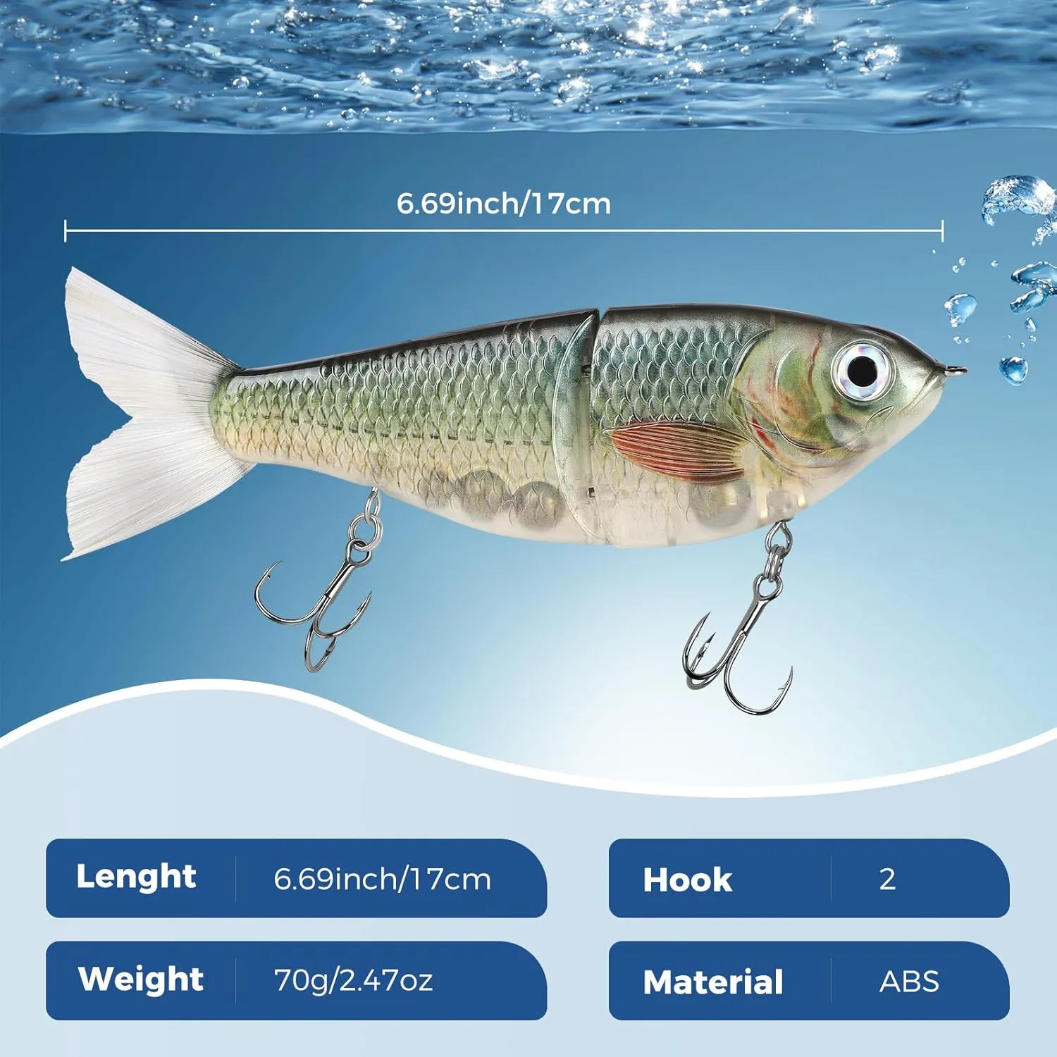 Durable 2-Section Bass Fishing White Swimbait Sinking Slow Big Belly Glide Bait with Fur Tail Saltwater Freshwater Artificial Hard Baits 6.69in/2.47oz