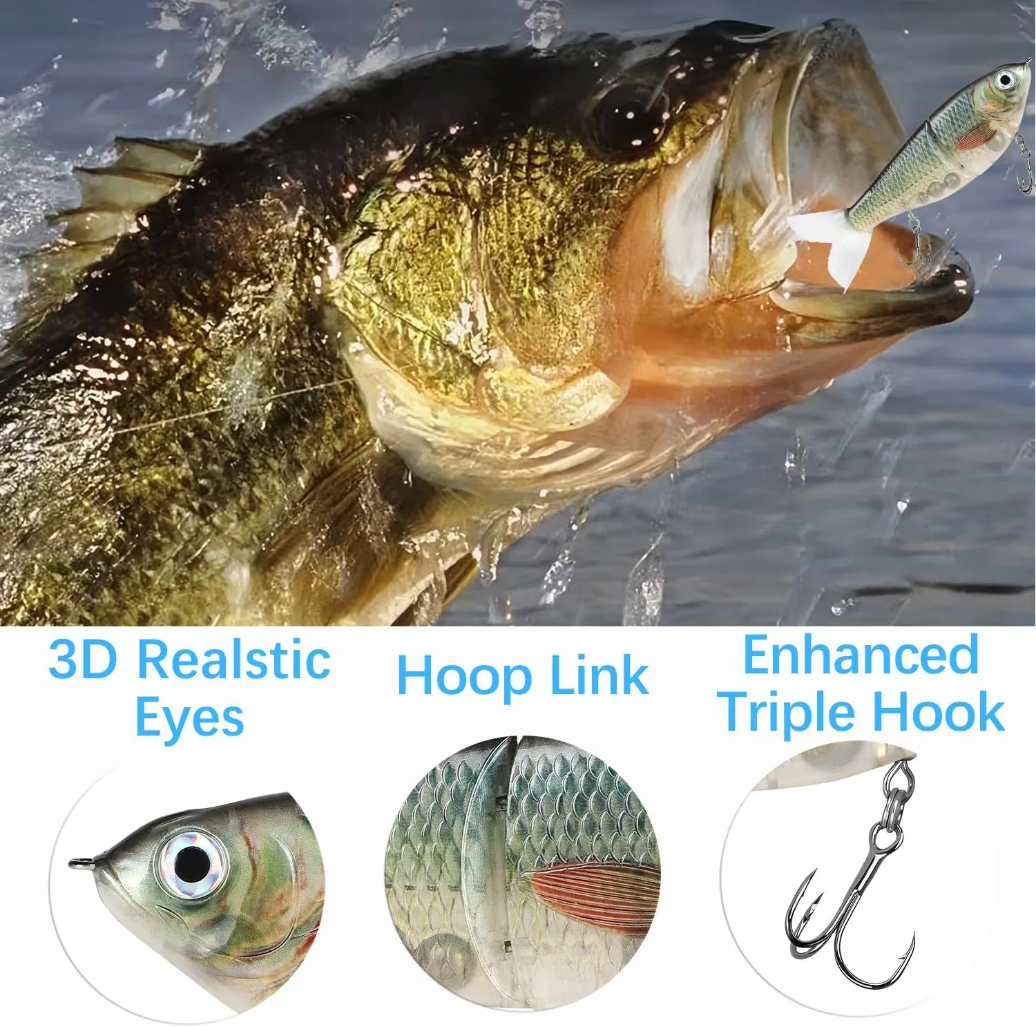 Durable 2-Section Bass Fishing White Swimbait Sinking Slow Big Belly Glide Bait with Fur Tail Saltwater Freshwater Artificial Hard Baits 6.69in/2.47oz