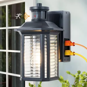 Dusk to Dawn Motion Sensor Outdoor Porch Light with GFCI Outlet,Anti-Rust Waterproof Industrial Outdoor Lantern,UL ETL Listed,Exterior Work Lights Rustic Wall Light (Black)
