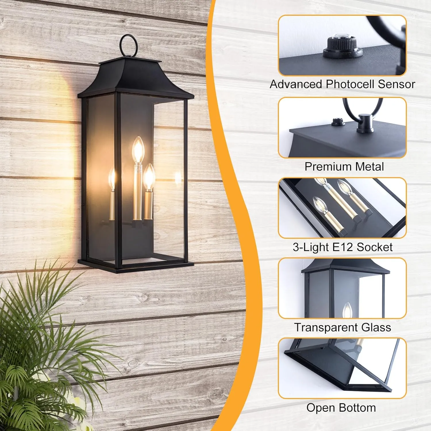 Dusk to Dawn Outdoor Wall Light 3-Light, 25" Large Outdoor Light Fixture, Black Exterior Wall Lantern, Waterproof Outside Wall Sconce for House Porch Patio