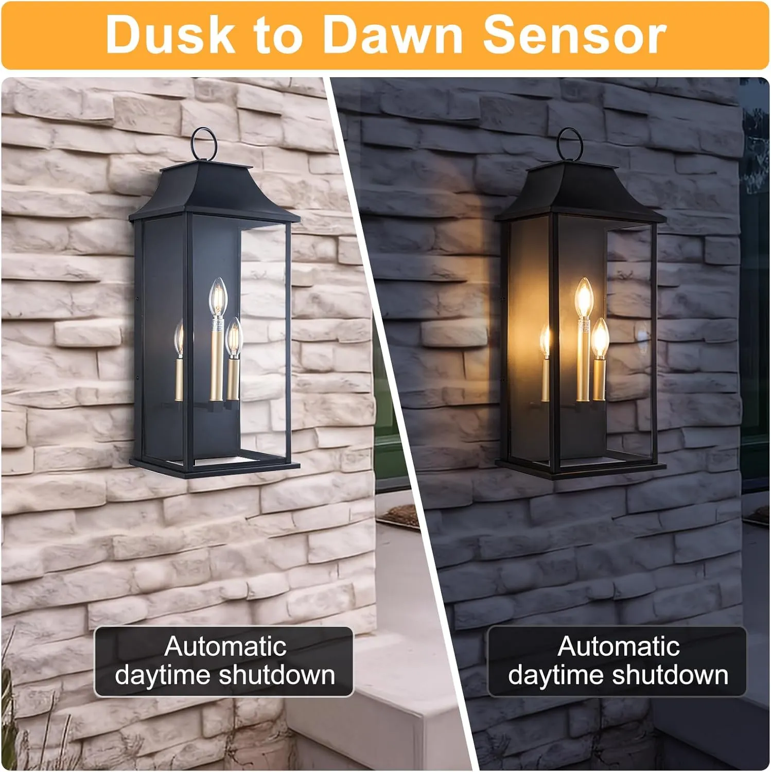 Dusk to Dawn Outdoor Wall Light 3-Light, 25" Large Outdoor Light Fixture, Black Exterior Wall Lantern, Waterproof Outside Wall Sconce for House Porch Patio