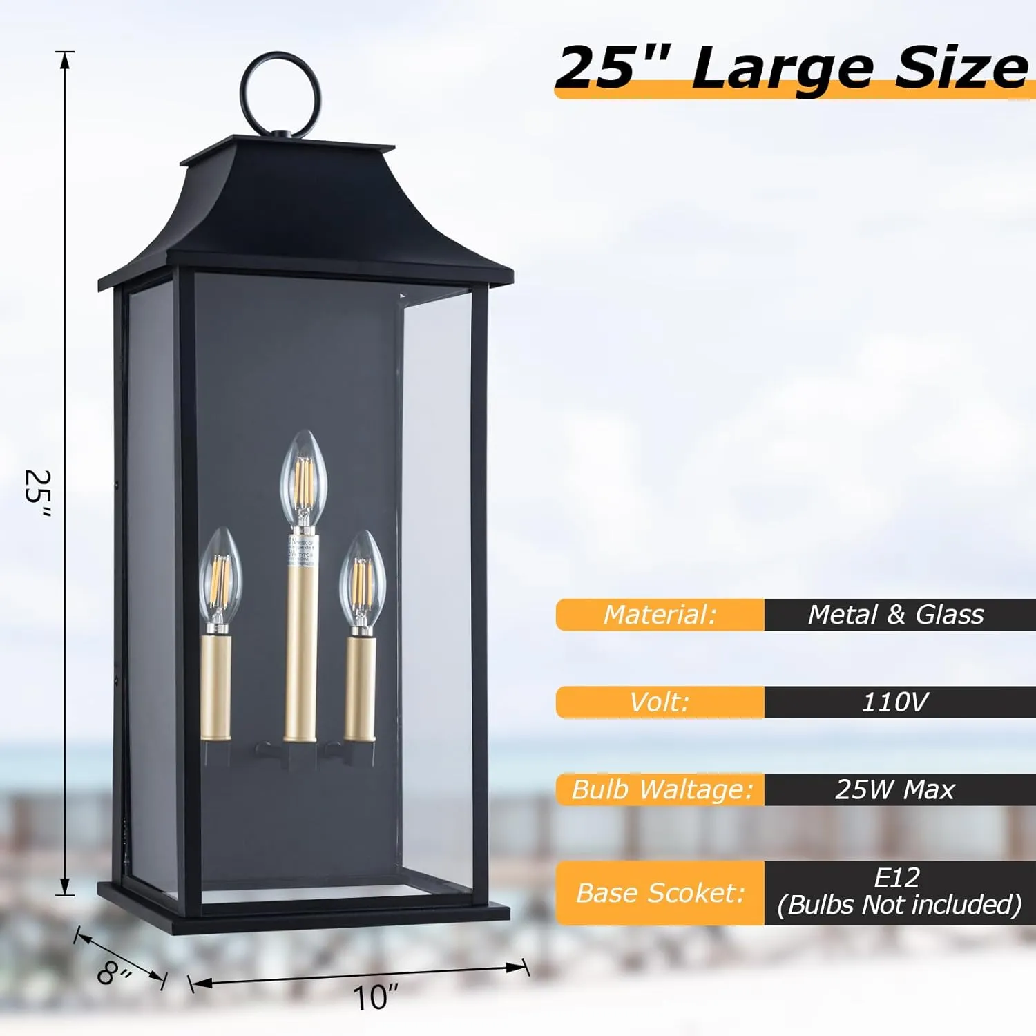 Dusk to Dawn Outdoor Wall Light 3-Light, 25" Large Outdoor Light Fixture, Black Exterior Wall Lantern, Waterproof Outside Wall Sconce for House Porch Patio