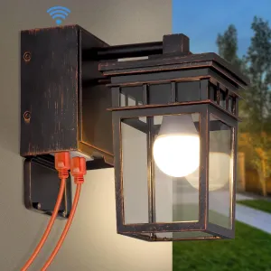 Dusk to Dawn Outdoor Wall Lighting with Outlet,Porch Light with GFCI Outlet Built in,Anti-Rust Alunmium Outdoor Wall Lantern with Clear Glass Shade,Outdoor Light for House Garage, Bulb Included(Brown)