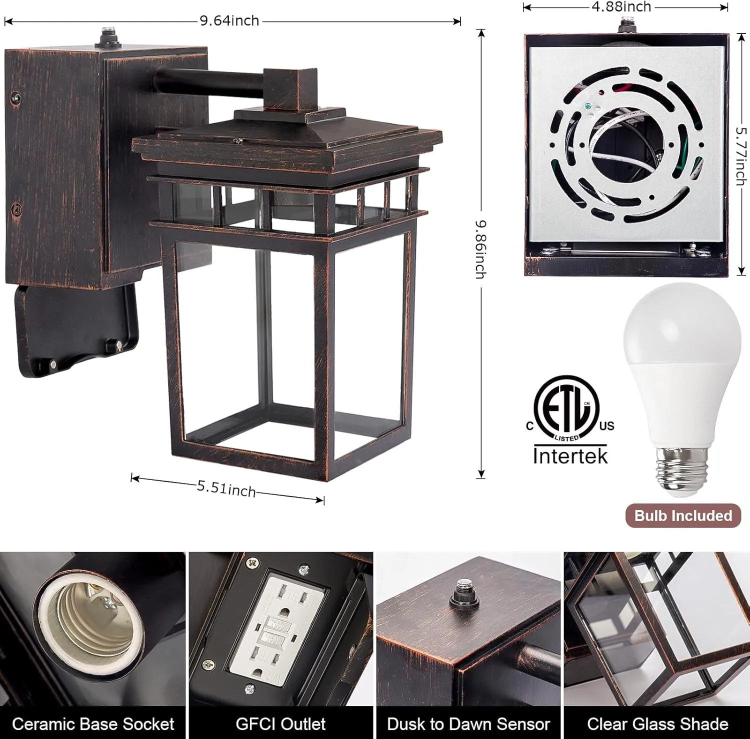Dusk to Dawn Outdoor Wall Lighting with Outlet,Porch Light with GFCI Outlet Built in,Anti-Rust Alunmium Outdoor Wall Lantern with Clear Glass Shade,Outdoor Light for House Garage, Bulb Included(Brown)