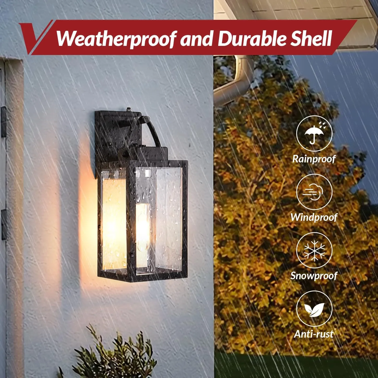 Dusk to Dawn Sensor Outdoor Light Fixtures, 13 inches Porch Sconces Wall Mounted Lighting with E26 Sockets, Glass Shades Exterior Waterproof, Anti Rust Matte Black Wall Mount Front Door Lantern, 2Pack