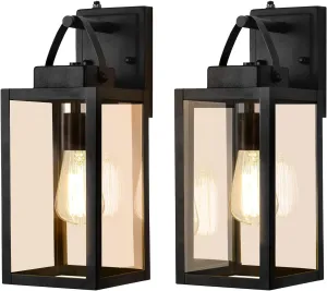 Dusk to Dawn Sensor Outdoor Light Fixtures, 13 inches Porch Sconces Wall Mounted Lighting with E26 Sockets, Glass Shades Exterior Waterproof, Anti Rust Matte Black Wall Mount Front Door Lantern, 2Pack