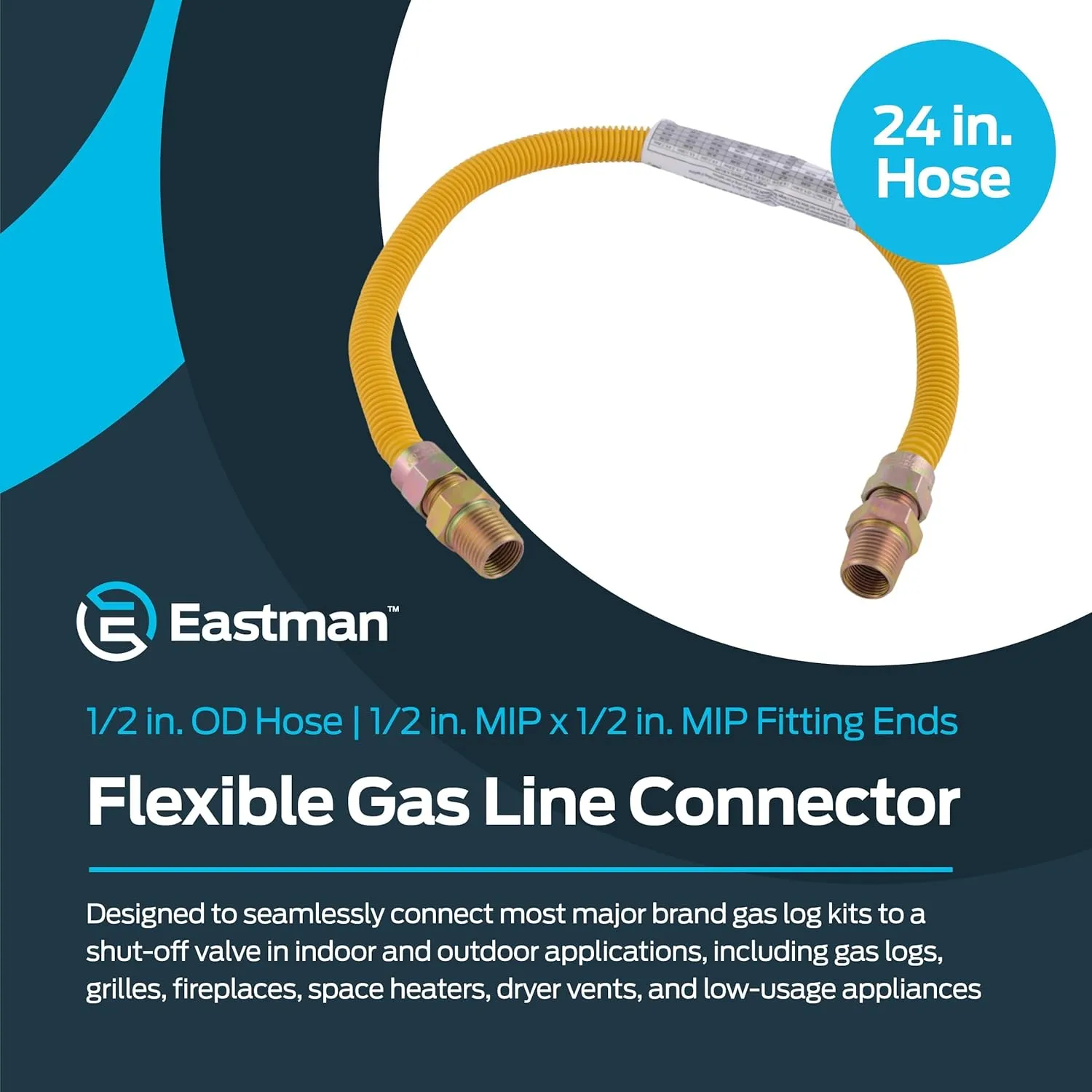 Eastman 24 Inch x 1/2 Inch OD Flexible Gas Line Connector with (2) 1/2 Inch MIP Fitting Ends for Natural Gas and Liquid Propane, Stainless Steel, Yellow, 20YE505024B