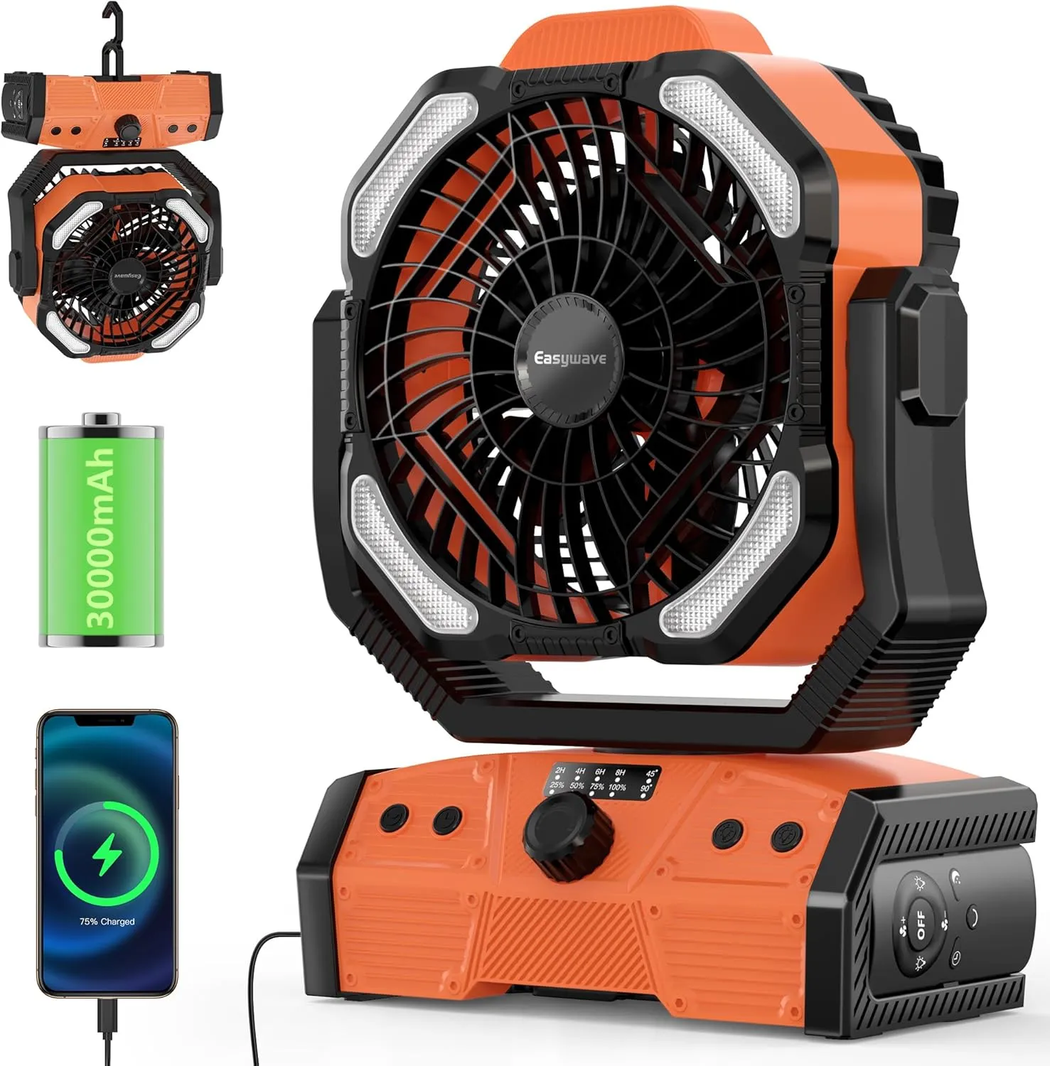 Easywave Camping Fan with LED Lantern: 30000mAh Rechargeable Battery Powered Outdoor Tent, Oscillating Fan with 360° Hanging Hook, Personal USB Desk Fan for Camping, Power Outage, Hurricane, Jobsite