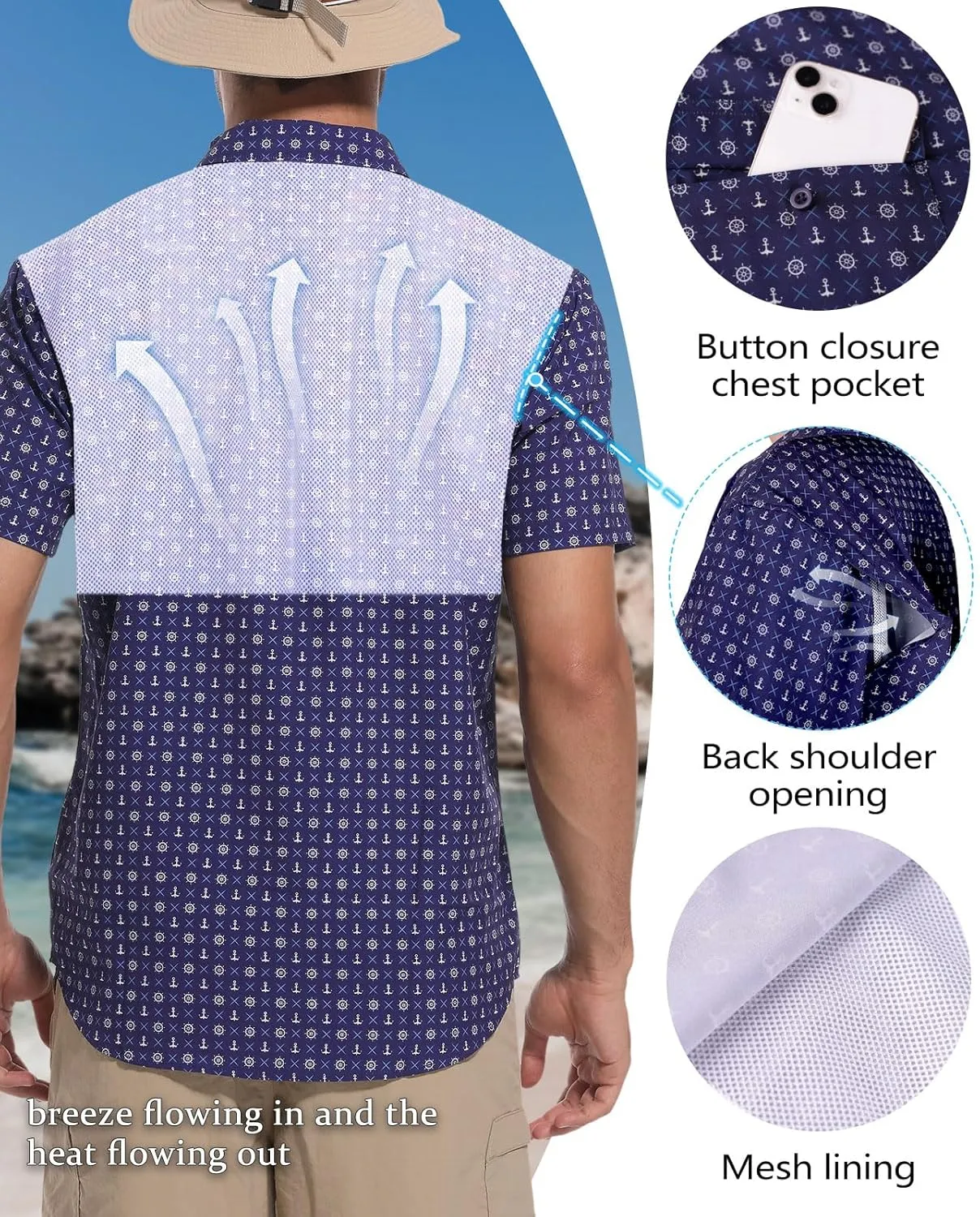 Ecosunny Hawaiian Shirt for Men Button Down Short Sleeve UPF 50  Breathable Fishing Beach Travel Hiking Shirts with 2 Pockets