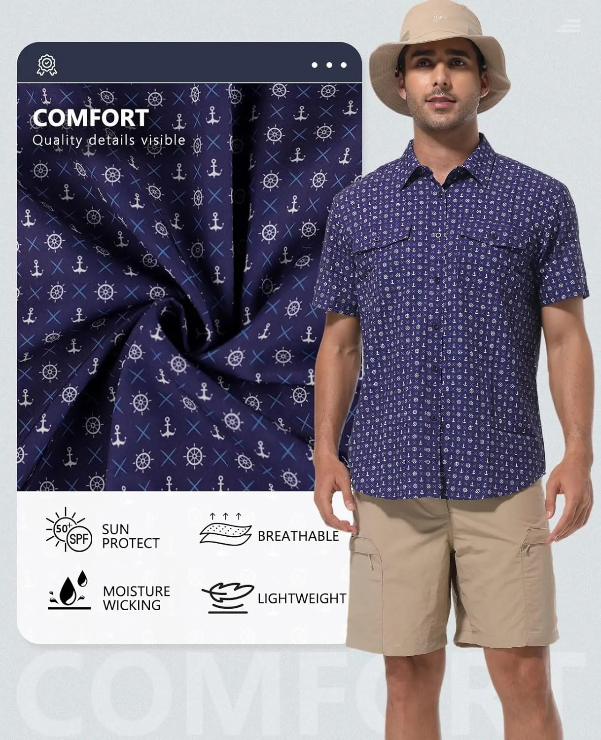 Ecosunny Hawaiian Shirt for Men Button Down Short Sleeve UPF 50  Breathable Fishing Beach Travel Hiking Shirts with 2 Pockets