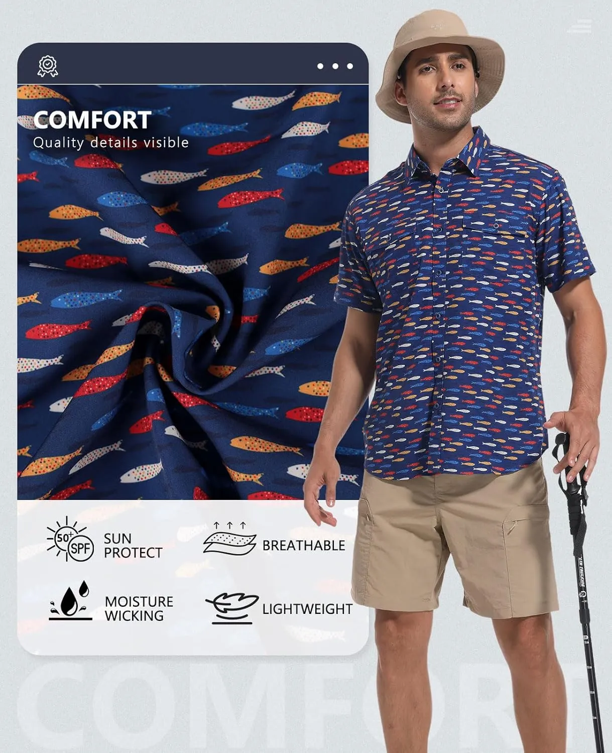Ecosunny Hawaiian Shirt for Men Button Down Short Sleeve UPF 50  Breathable Fishing Beach Travel Hiking Shirts with 2 Pockets
