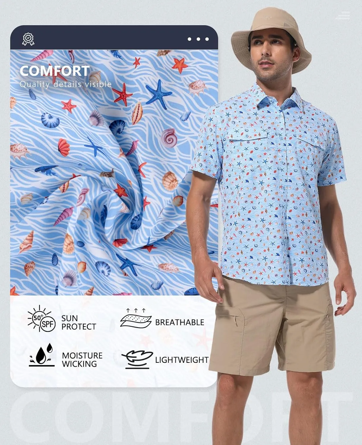Ecosunny Hawaiian Shirt for Men Button Down Short Sleeve UPF 50  Breathable Fishing Beach Travel Hiking Shirts with 2 Pockets