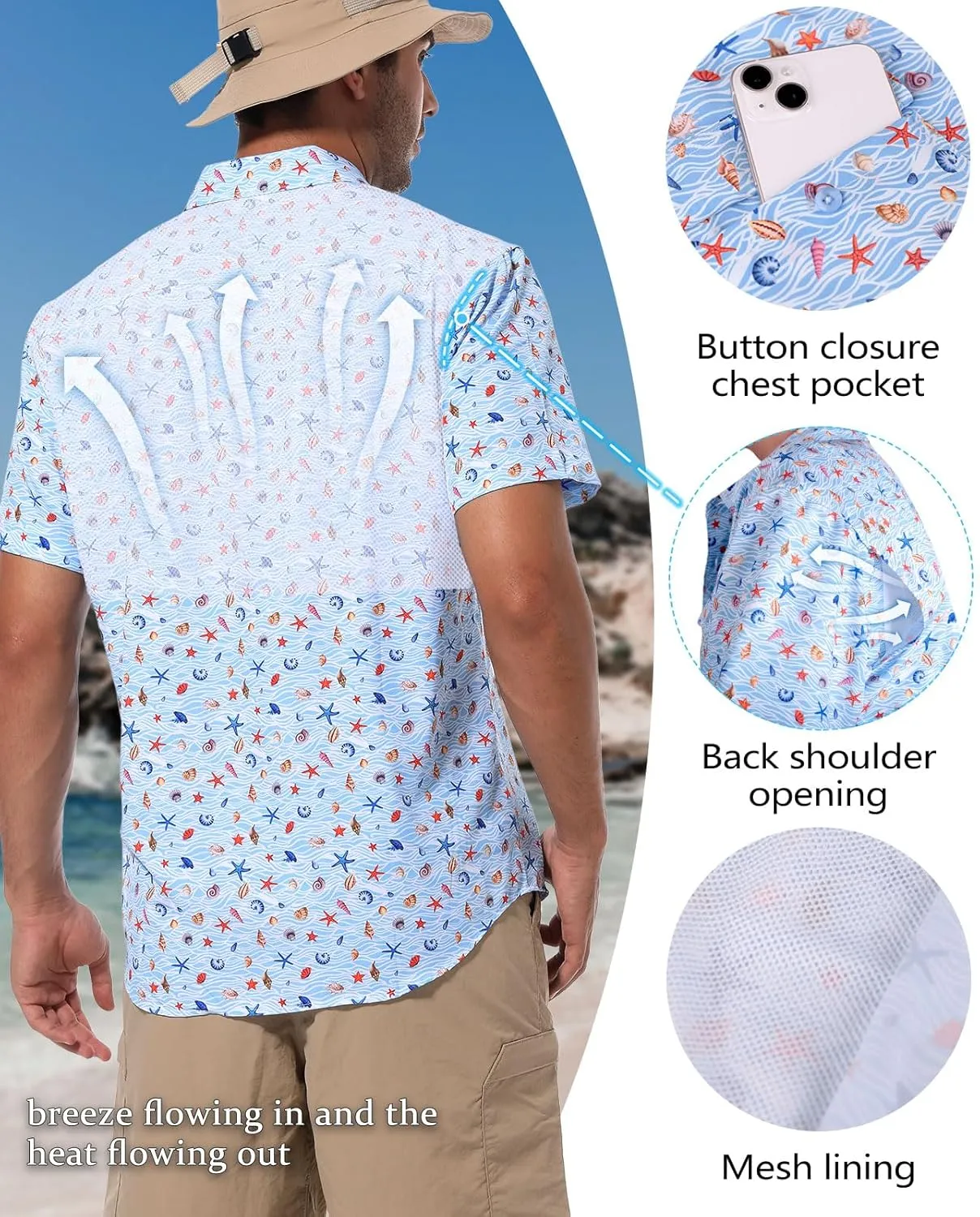 Ecosunny Hawaiian Shirt for Men Button Down Short Sleeve UPF 50  Breathable Fishing Beach Travel Hiking Shirts with 2 Pockets