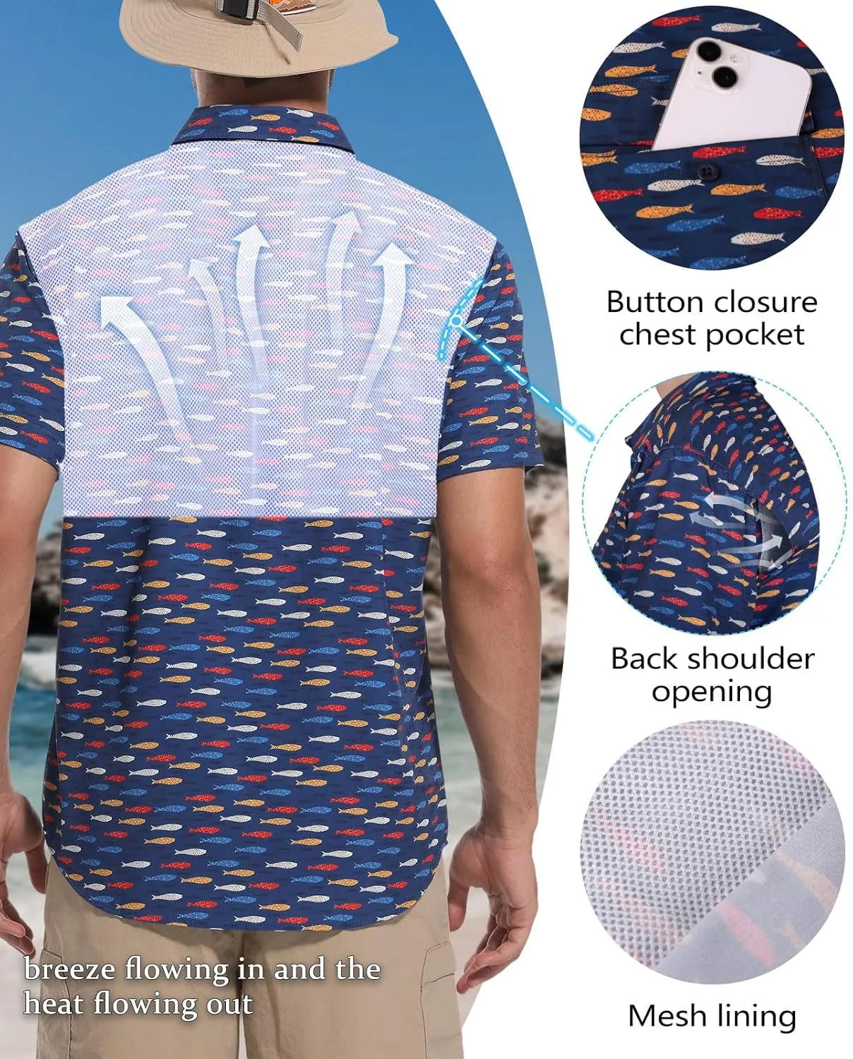 Ecosunny Hawaiian Shirt for Men Button Down Short Sleeve UPF 50  Breathable Fishing Beach Travel Hiking Shirts with 2 Pockets