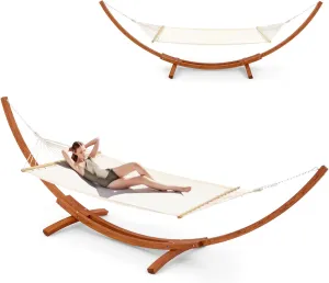 ECOTOUGE 13.3 FT Wooden Double Hammock for Outside Heavy Duty, Easy Assemble, Weatherproof Premium Quilted Camping Hammock for Outdoor, Patio(White)