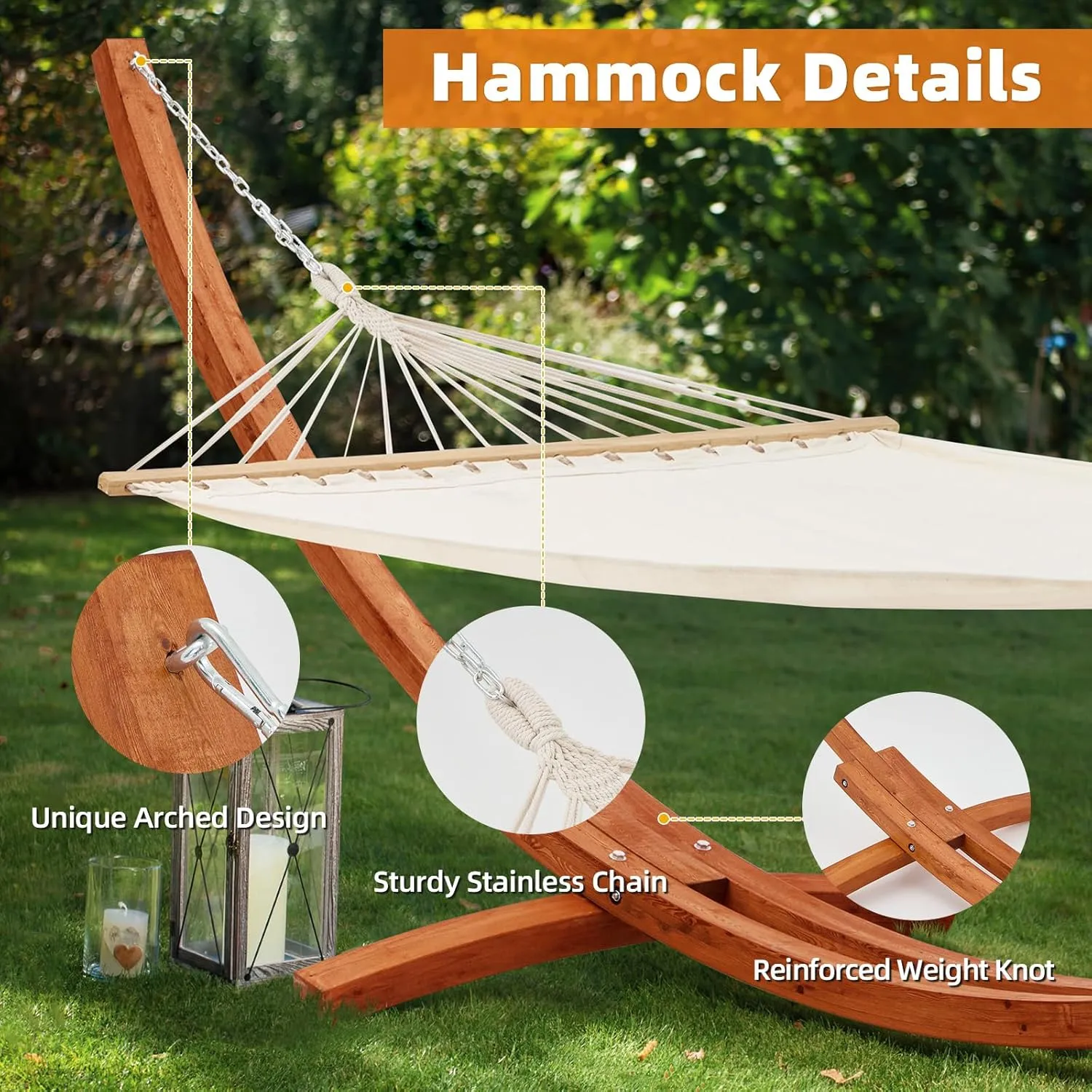ECOTOUGE 13.3 FT Wooden Double Hammock for Outside Heavy Duty, Easy Assemble, Weatherproof Premium Quilted Camping Hammock for Outdoor, Patio(White)
