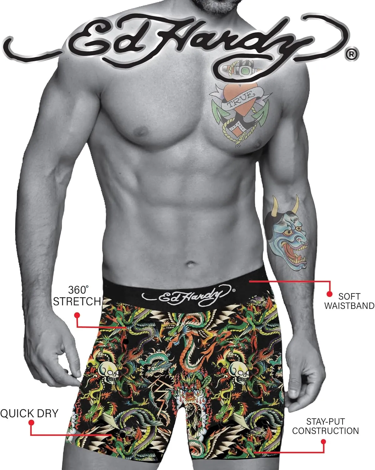 ED HARDY Mens Boxer Briefs Active Stretch Breathable Underwear, Comfortable Gym Boxer Briefs- Multipack
