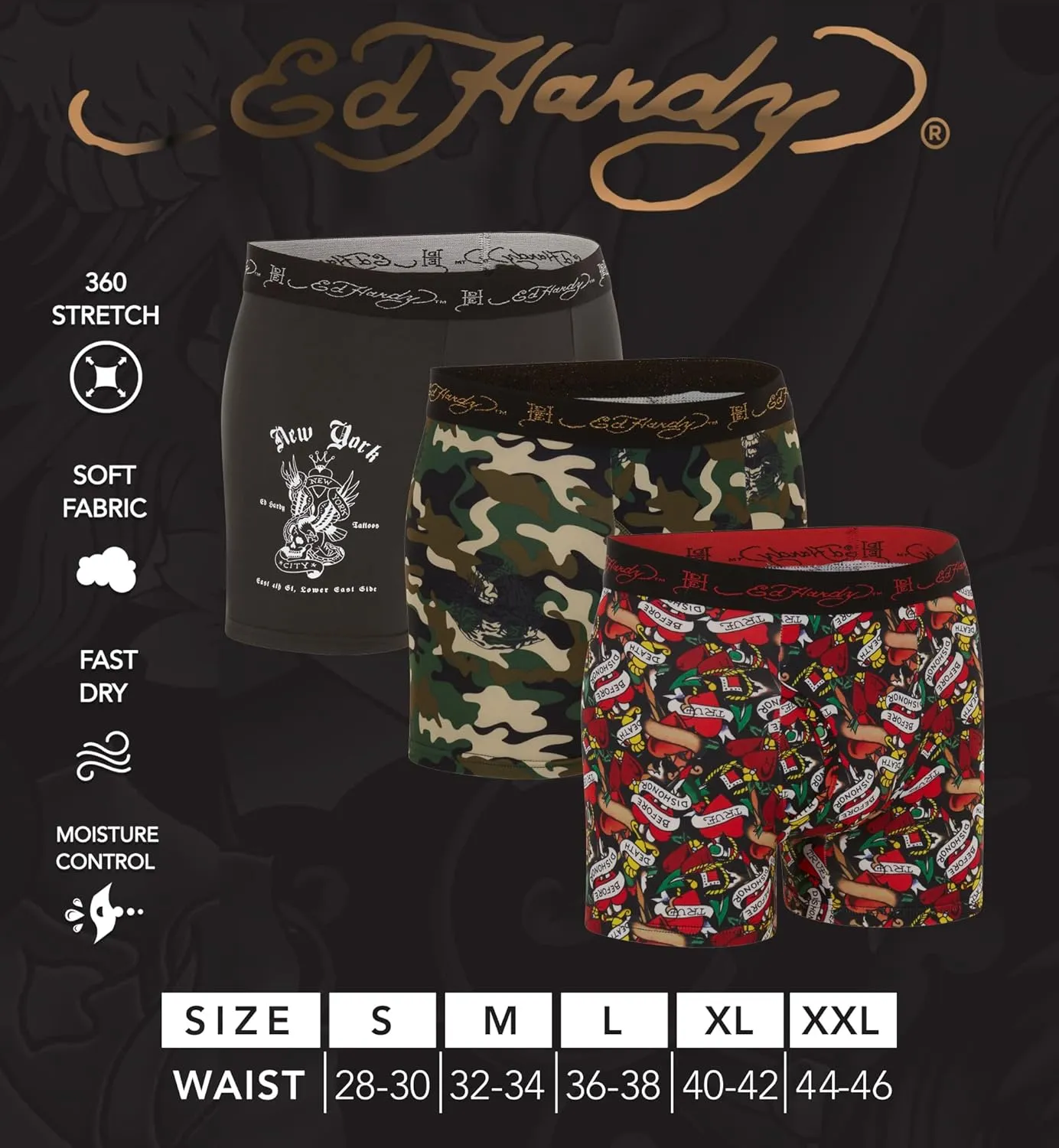 ED HARDY Mens Boxer Briefs Active Stretch Breathable Underwear, Comfortable Gym Boxer Briefs- Multipack