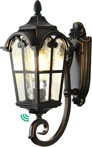 EDISHINE Dusk to Dawn Outdoor Wall Light, 17" Exterior Light Fixture Wall Lantern, Black Roman Porch Light Wall Lamp with Water Ripple Glass, Waterproof Wall Mount Sconce for Porch, Garage, Patio