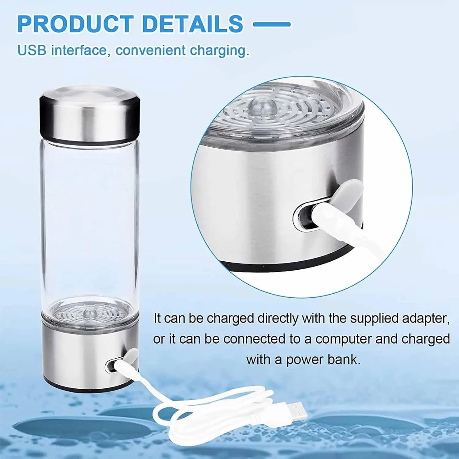 Electric Water Filter, Hydrogen Water Generator, 420ml Portable USB Hydrogen-Rich Water Ionizer Maker, Glass Bottle Anion Water Ionizer, H2 Healthy Smart Cup
