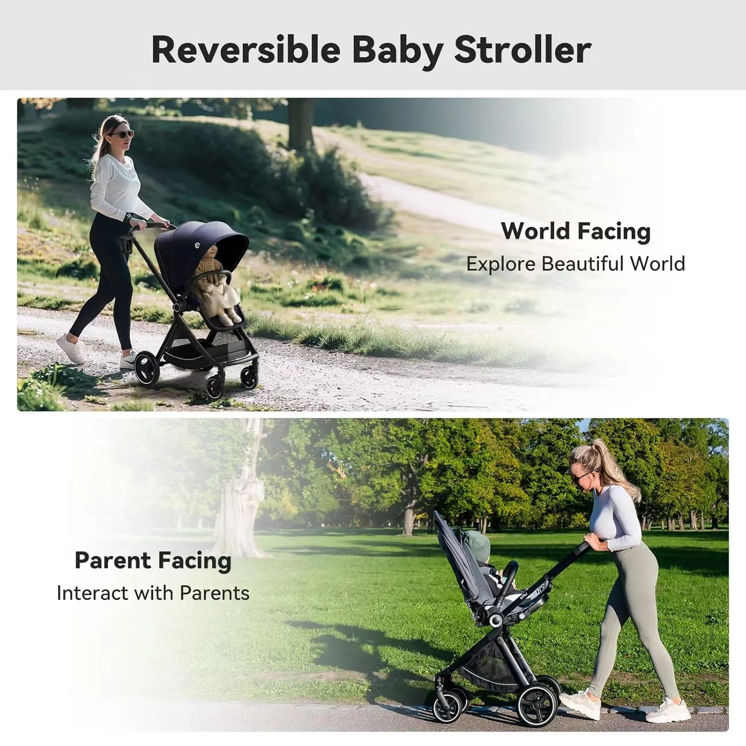 EMU Reversible Baby Stroller with Reversible Seat Full-Size Infant Stroller with Full Recline Cockpit Compact Foldable Pram Carriage for Outdoor City - Black
