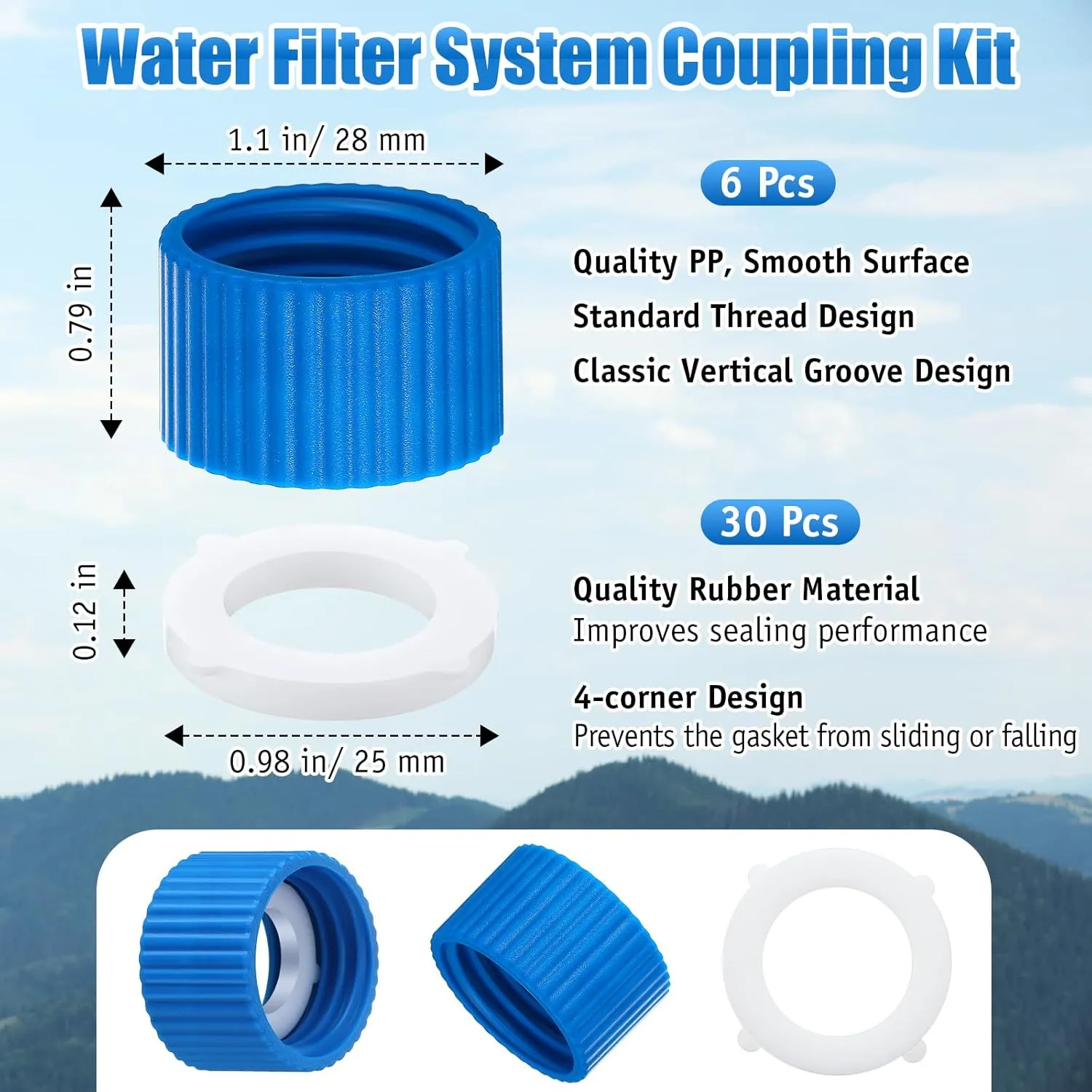 Enhon 6 Pcs Water Filter Coupling Kit, Compatible with 28mm External Threaded Water Filters and Standard Plastic Bottles, Filtration Cleaning Couplings with Gasket Seals for Hiking Camping