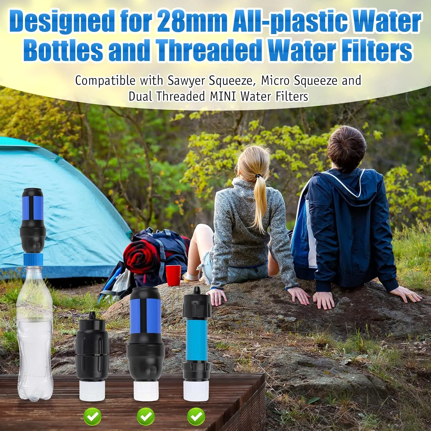 Enhon 6 Pcs Water Filter Coupling Kit, Compatible with 28mm External Threaded Water Filters and Standard Plastic Bottles, Filtration Cleaning Couplings with Gasket Seals for Hiking Camping