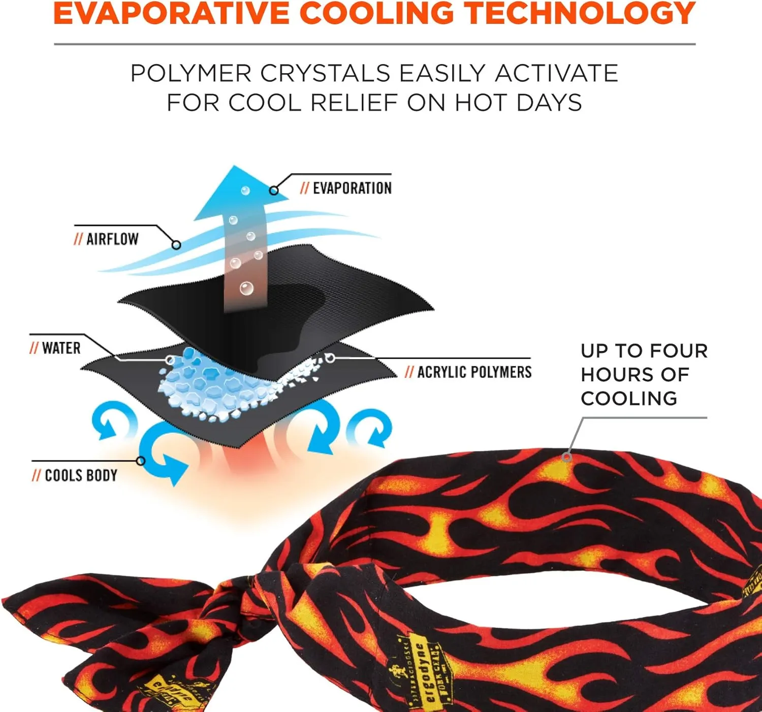 Ergodyne Chill Its 6700 Cooling Bandana, Evaporative Polymer Crystals For Cooling Relief, Tie For Adjustable Fit, 6-Pack, Flames
