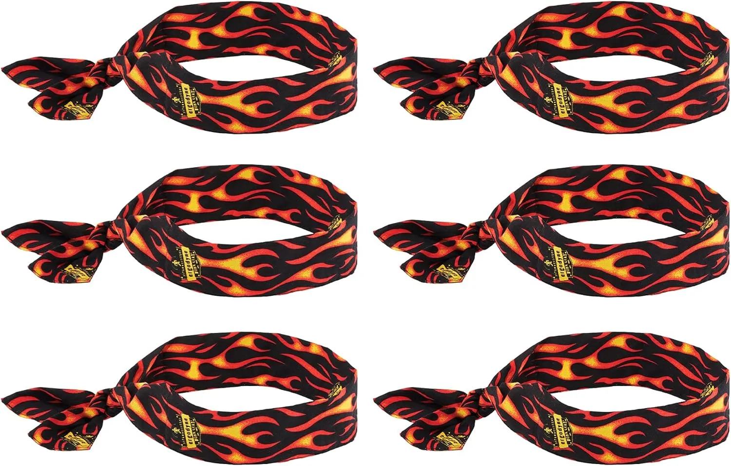 Ergodyne Chill Its 6700 Cooling Bandana, Evaporative Polymer Crystals For Cooling Relief, Tie For Adjustable Fit, 6-Pack, Flames