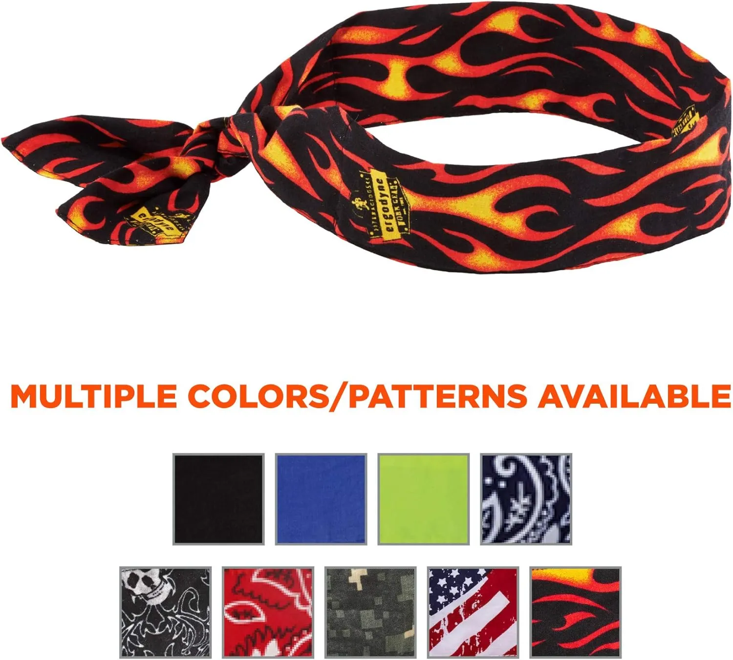 Ergodyne Chill Its 6700 Cooling Bandana, Evaporative Polymer Crystals For Cooling Relief, Tie For Adjustable Fit, 6-Pack, Flames