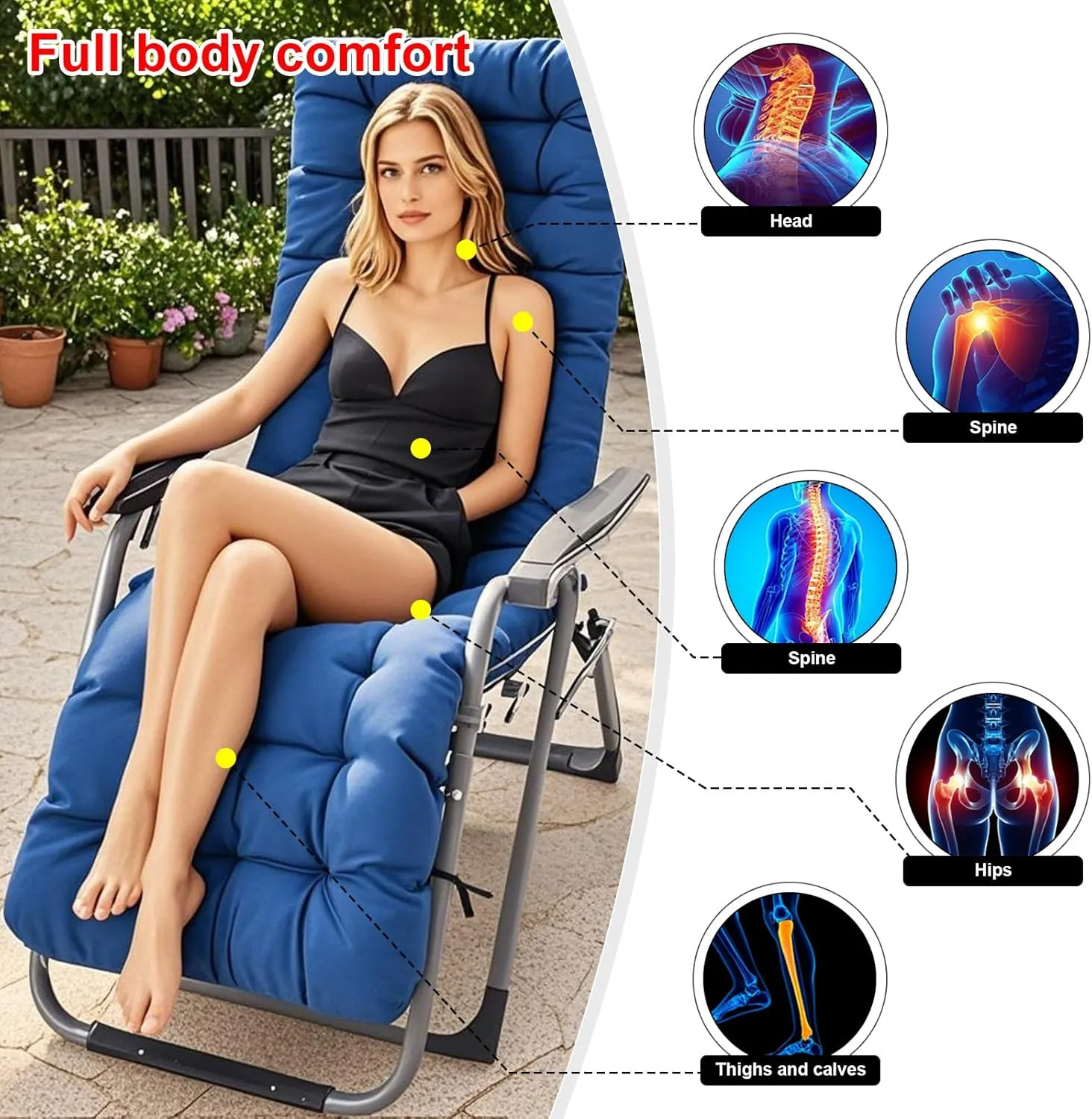 ERWUDEling 67 Inch Zero Gravity Lounge Chair Cushion, Thick & Soft Patio Cushion for Outdoor/Indoor Use - Waterproof, Non-Slip with 8 Ties (Blue, 19" W x 67" L x 4" T)